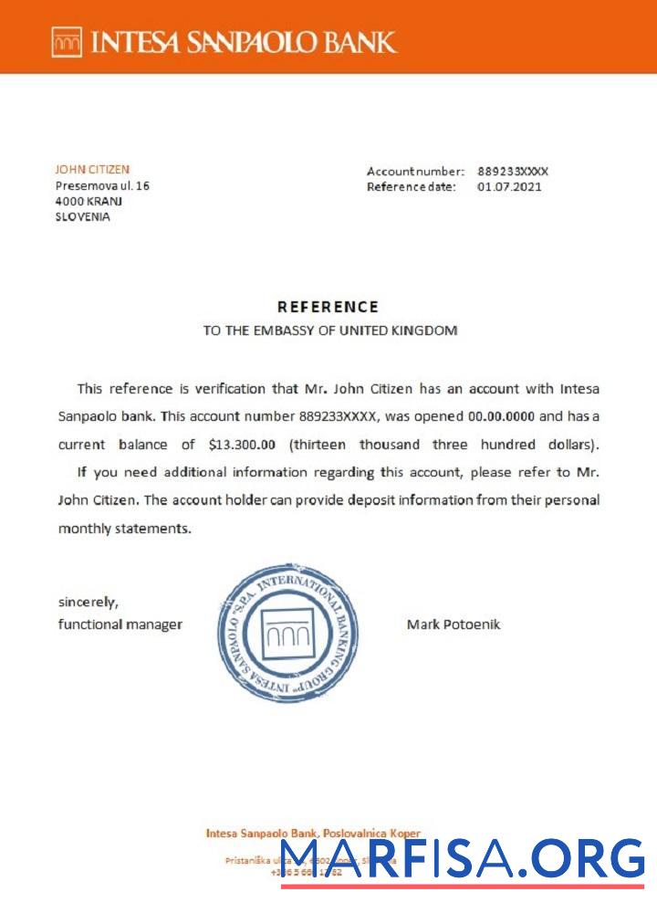 Printable Slovenia Intesa Sanpaolo bank reference real example